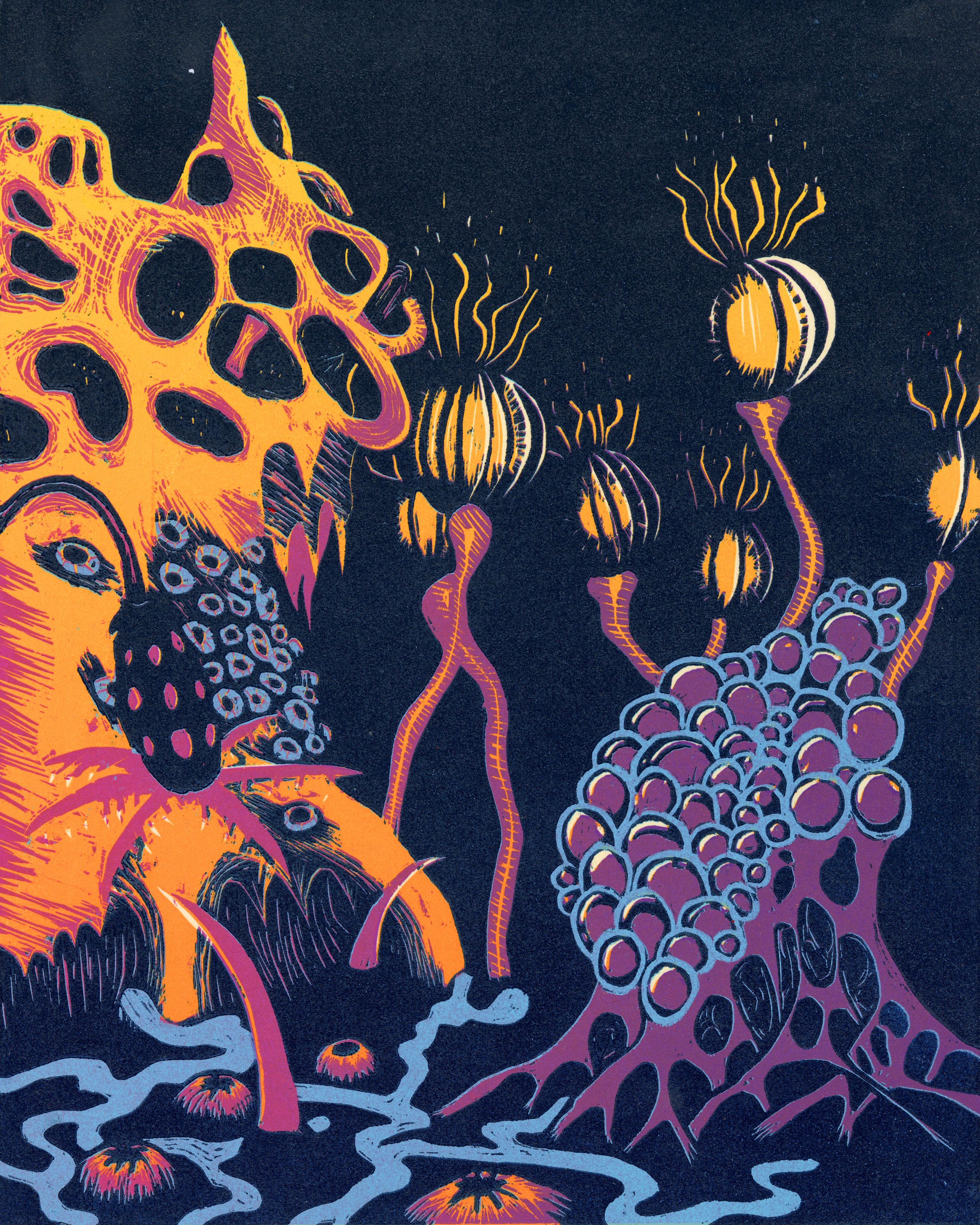 The Living Room - Reduction linocut print depicting an underwater alien landscape as a single living organism, blending marine biology and dream logic